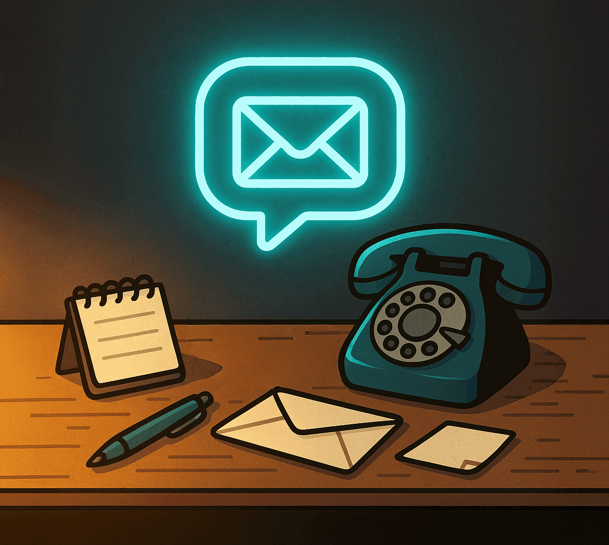 Retro contact desk with neon sign, vintage phone, notebook and pen